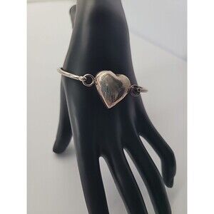 Sterling Silver 925 Mexico Heart Hook Bangle Bracelet Puff Heart Charm Artisan